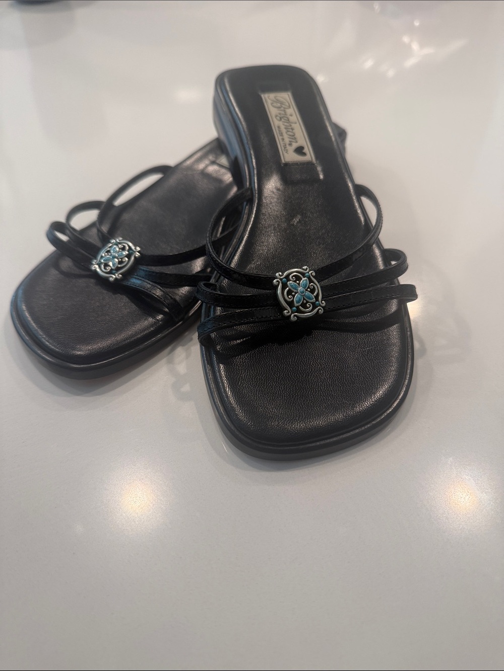 Brighton Black Slide Sandals with Silver-Tone Decorative Medallions